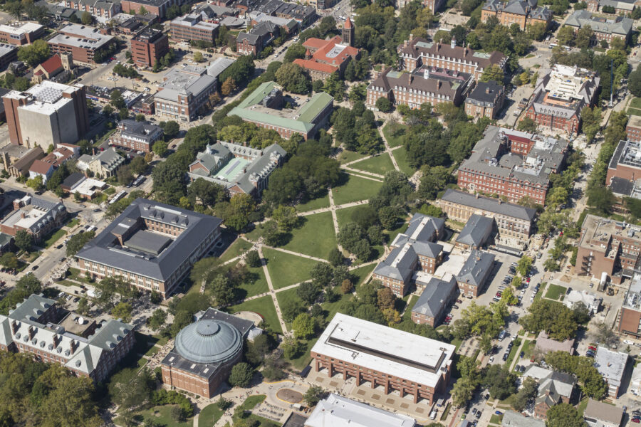 Aerial shot of campus buildings