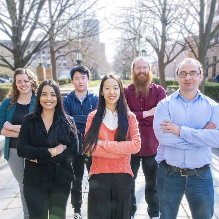 The 2023 cohort of the Beckman Institute Postdoctoral Fellows Program (from left): Kelly Powderly; Patricia Cintora; Zhengchang Kou; Yannan Hu; Zane Thornburg; and Alejandro De la Cadena.
