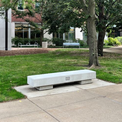 Image of a donor bench near the Siebel Center of Computer Science. 