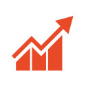 An icon of a bar graph with a jagged arrow moving upwards along the bars.